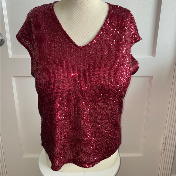 Rich Red Sequin V-Neck Top (L/XL) - Picture 2 of 7